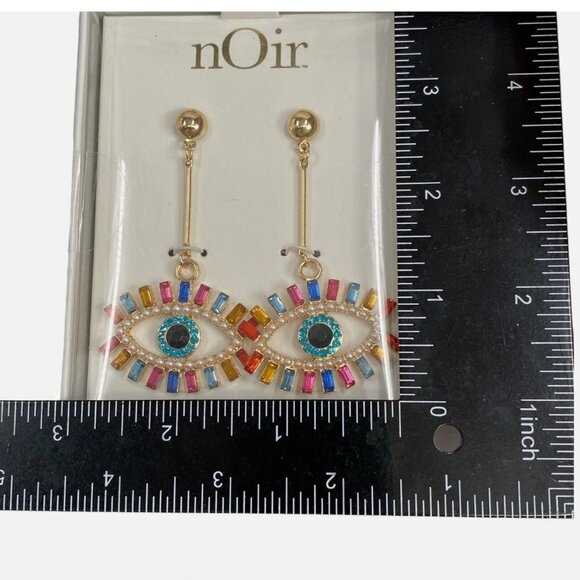 Noir Earrings Gold Tone Evil Eye Rhinestone Colorful Drop Dangle Sparkle NEW - Picture 6 of 9